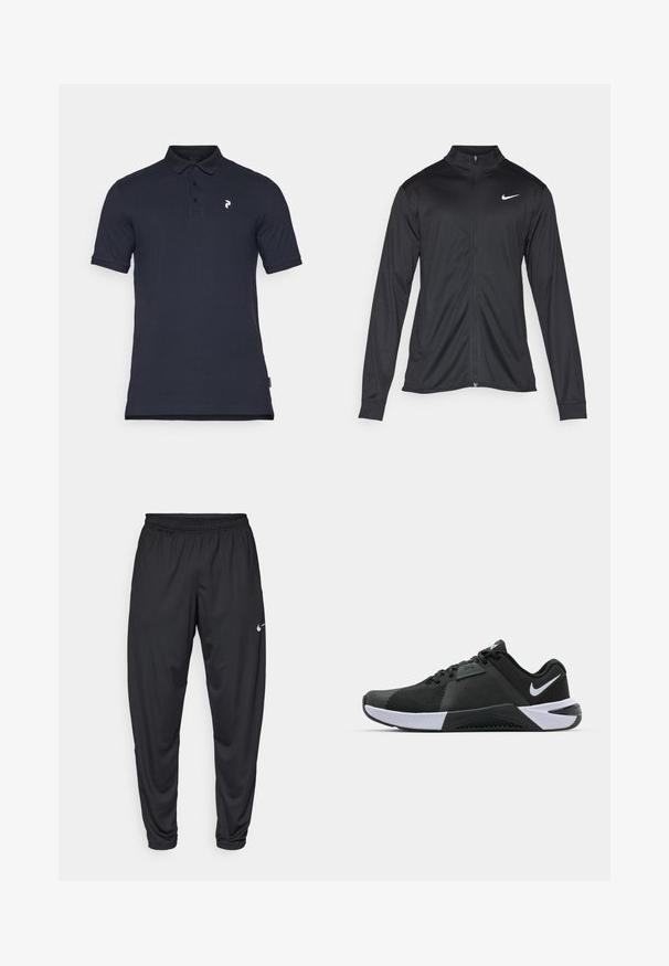 Svart idrottsjacka med långa ärmar, krage och full dragkedja. Har en diskret Nike-logga i vitt på övre vänstra bröstet. Slät yta.; Marinblå pikétröja i bomull med klassisk krage, tre knappar framtill och en liten vit logotyp på vänster bröst. Kort ärm.; Svarta träningsbyxor med elastisk midja, smalnande ben och en liten vit Nike-logga på vänster lår. Slät tyg, utan mönster.; Nike Performance METCON 10 - Träningsskor - black/white/anthracite