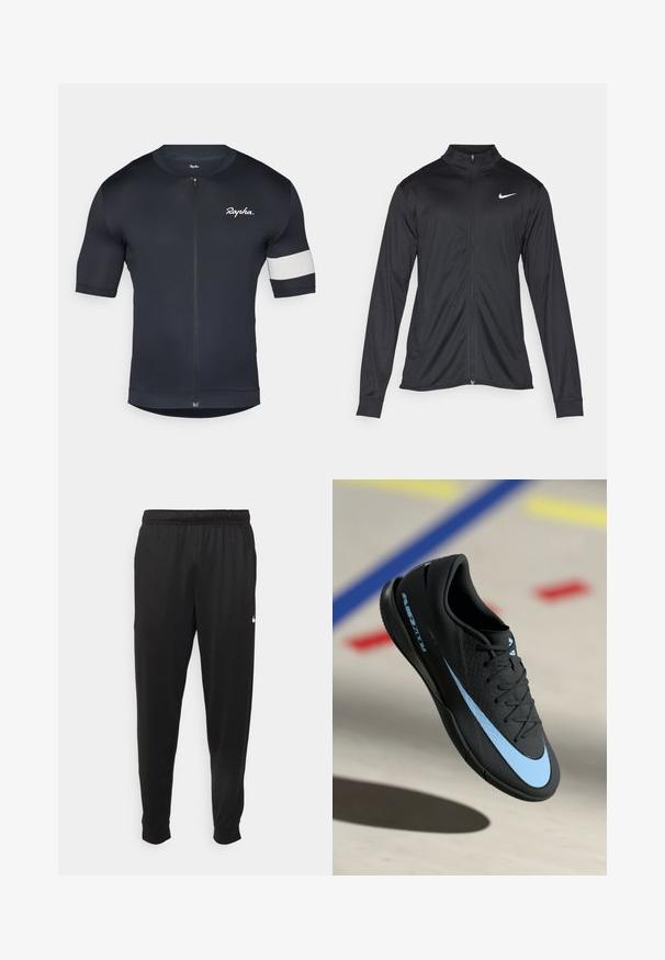 Jachetă sportivă neagră cu mâneci lungi, guler și fermoar complet. Prezintă un logo Nike subtil, alb, pe pieptul din stânga sus. Textură netedă.; Tricou de ciclism cu mânecă scurtă, de culoare bleumarin închis, cu fermoar în față, țesătură texturată și o dunga albă pe mâneca stângă cu detaliu logo.; Pantaloni sportivi negri dintr-o țesătură netedă, cu un elastic la brâu, picioare conice și un mic logo alb pe partea stângă.; Pantof de sport negru cu accente albastre, suprafață texturată, design cu șireturi și logo-ul distinctiv Nike. Talpă din cauciuc cu modele de aderență.
