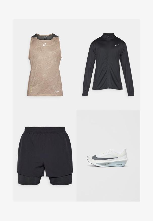 Giacca sportiva nera con maniche lunghe, colletto e zip completa. Presenta un logo Nike in bianco sulla parte superiore del lato sinistro del petto. Tessuto morbido.; Top atletico senza maniche color tan con motivo testurizzato, caratterizzato da dettagli in rete nera sul collo e sulle braccia, e un piccolo logo sul davanti.; Pantaloni sportivi neri con vita elasticizzata, design a strati e foderato interno aderente. Texture liscia, progettati per il comfort.; Scarpa da atletica bianca con tomaia in mesh grigia, una intersuola in schiuma ZoomX blu e una suola curva per migliorare la propulsione e il comfort.