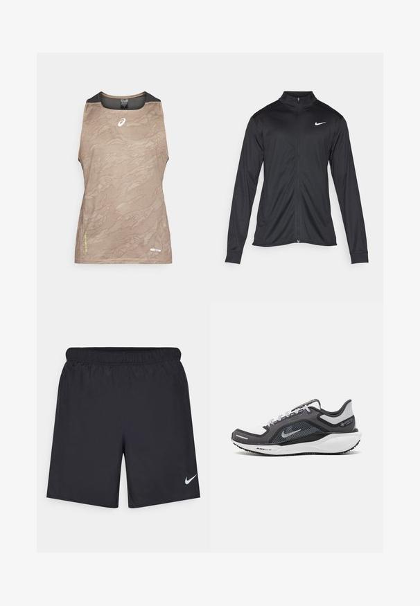 Giacca sportiva nera con maniche lunghe, colletto e zip completa. Presenta un logo Nike in bianco sulla parte superiore del lato sinistro del petto. Tessuto morbido.; Top atletico senza maniche color tan con motivo testurizzato, caratterizzato da dettagli in rete nera sul collo e sulle braccia, e un piccolo logo sul davanti.; Shorts sportivi neri realizzati in materiale leggero con vita elastica. Presentano un piccolo logo Nike bianco sul lato sinistro in basso.; Scarpa da ginnastica nera e grigia con tomaia in rete, dettagli riflettenti e intersuola bianca. Presenta una suola in gomma testurizzata e lacci.