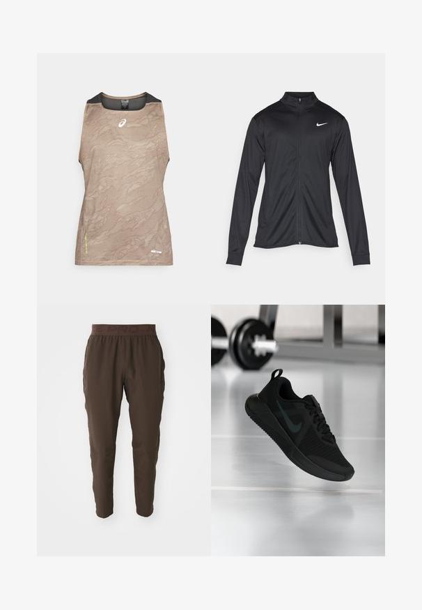 Black athletic jacket with long sleeves, collar, and full zipper. Features a subtle Nike logo in white on the upper left chest. Smooth texture.; Tan sleeveless athletic top with a textured pattern, featuring a black mesh neck and arm accents, and a small logo on the front.; Brown athletic pants with an elastic waistband. Made of lightweight material, featuring a tapered leg design and side pockets. No patterns.; Black athletic shoe with a textured mesh upper, rubber sole, and a prominent dark swoosh logo. Features a padded collar and lace-up design.