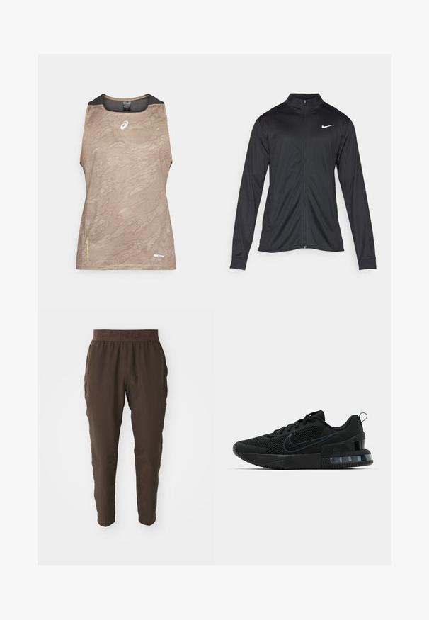 Giacca sportiva nera con maniche lunghe, colletto e zip completa. Presenta un logo Nike in bianco sulla parte superiore del lato sinistro del petto. Tessuto morbido.; Top atletico senza maniche color tan con motivo testurizzato, caratterizzato da dettagli in rete nera sul collo e sulle braccia, e un piccolo logo sul davanti.; Pantaloni sportivi marroni con vita elasticizzata. Realizzati in un materiale leggero, presentano un design a gamba affusolata e tasche laterali. Senza motivi.; Scarpa atletica nera Nike con tomaia in mesh, suola in gomma, colletto imbottito e un distintivo accento trasparente sul tallone.