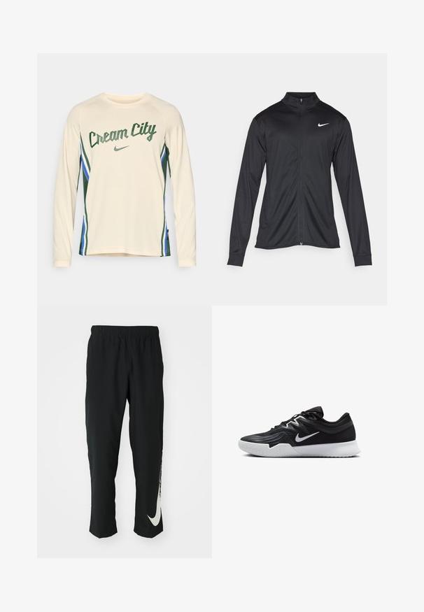 Jacket desportivo preto com mangas longas, colarinho e fecho zip completo. Apresenta um discreto logotipo da Nike em branco na parte superior do lado esquerdo do peito. Textura suave.; Camisola desportiva creme de manga comprida com o texto "Cream City" em verde, apresentando riscas laterais azuis e verdes, e um logótipo da Nike.; Calças atléticas pretas com cintura elástica, design afunilado, apresentando um grande logótipo branco da Nike na perna esquerda. Tecido macio e leve.; Sapatilha atlética preta com um cabedal texturizado, swoosh branco da Nike e uma sola de borracha branca. Apresenta um design com atacadores e uma forma dinâmica.