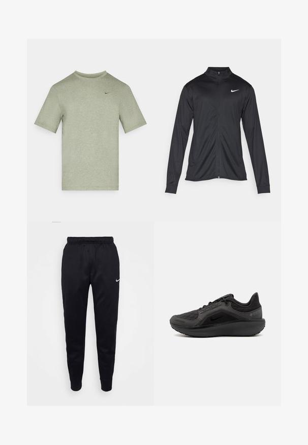 Must värvi sportlik jakk pikkade varrukatega, krae ja täispikk tõmblukk. Ülemises vasakus rinnas on diskreetne valge Nike logo. Sile tekstuur.; Lühikeste varrukatega, ringkaelusega t-särk helesalajas roheline, valmistatud pehmest kangast; rinnal on väike must Nike logo.; Mustad mustad Nike'i sportpüksid elastse vöökohaga, kitsenevad jalad ja diskreetne logo aksent. Valmistatud siledast kangast koos lihtsa disainiga.; Must have mustandusega mustad sportlikud jalanõud, millel on tekstuurne tikandiga ülemine osa, nutikas disain ja must kummist tallad. Omab nähtavat logo ning Gore-Tex brändingut.