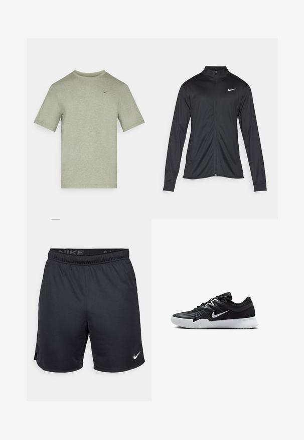 Black athletic jacket with long sleeves, collar, and full zipper. Features a subtle Nike logo in white on the upper left chest. Smooth texture.; Short-sleeve, crew-neck t-shirt in light olive green, made of soft fabric; features a small black Nike logo on the chest.; Black Nike shorts with elastic waistband, side slits, and a white Nike logo on the lower hem. Made from lightweight, textured fabric.; Black athletic shoe with a textured upper, white Nike swoosh, and a white rubber outsole. Features a lace-up design and dynamic shape.