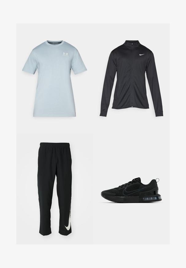 Svart idrettsjakke med lange ermer, krage og full glidelås. Har en subtil Nike-logo i hvitt på øvre venstre bryst. Glatt tekstur.; Lyseblå bomull T-skjorte med korte ermer, rund hals, og hvit Under Armour-logo på brystet. Glatt tekstur, avslappet passform.; Svarte treningbukser med elastisk midje, smalere design, med en stor hvit Nike-logo på venstre bein. Myk, lett stoff.; Svart Nike treningssko med mesh-overdel, gummisåle, polstret krage og en distinkt gjennomsiktig hældetalj.