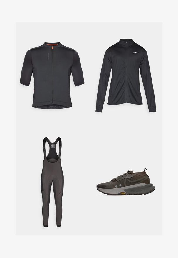 Jacket desportivo preto com mangas longas, colarinho e fecho zip completo. Apresenta um discreto logotipo da Nike em branco na parte superior do lado esquerdo do peito. Textura suave.; Camisa de ciclismo de manga curta em tecido preto com superfície texturizada, fecho na frente e detalhe laranja na gola. Apresenta um design ajustado.; Collants de ciclismo pretos com alças ajustáveis, área de assento acolchoada e painéis texturizados nas laterais para maior aderência e suporte.; Sapatilha de corrida cinza escuro com um upper respirável, malha texturizada, calcanhar reforçado e uma entressola curvada distinta com detalhes em Vibram.