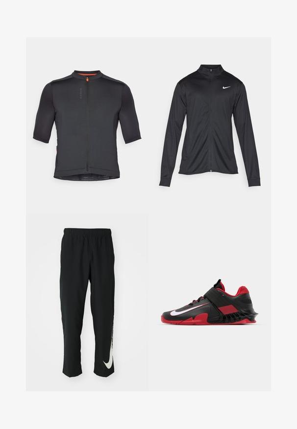 Giacca sportiva nera con maniche lunghe, colletto e zip completa. Presenta un logo Nike in bianco sulla parte superiore del lato sinistro del petto. Tessuto morbido.; Maglia ciclismo a manica corta in tessuto nero con superficie texturizzata, zip frontale e dettaglio arancione al colletto. Presenta un design aderente.; Pantaloni sportivi neri con cintura elasticizzata, design affusolato, caratterizzati da un grande logo Nike bianco sulla gamba sinistra. Tessuto morbido e leggero.; Sneakers atletici neri e rossi caratterizzati da un design elegante, tomaia in mesh testurizzato, suola in gomma resistente e un accento bianco del logo ben visibile.