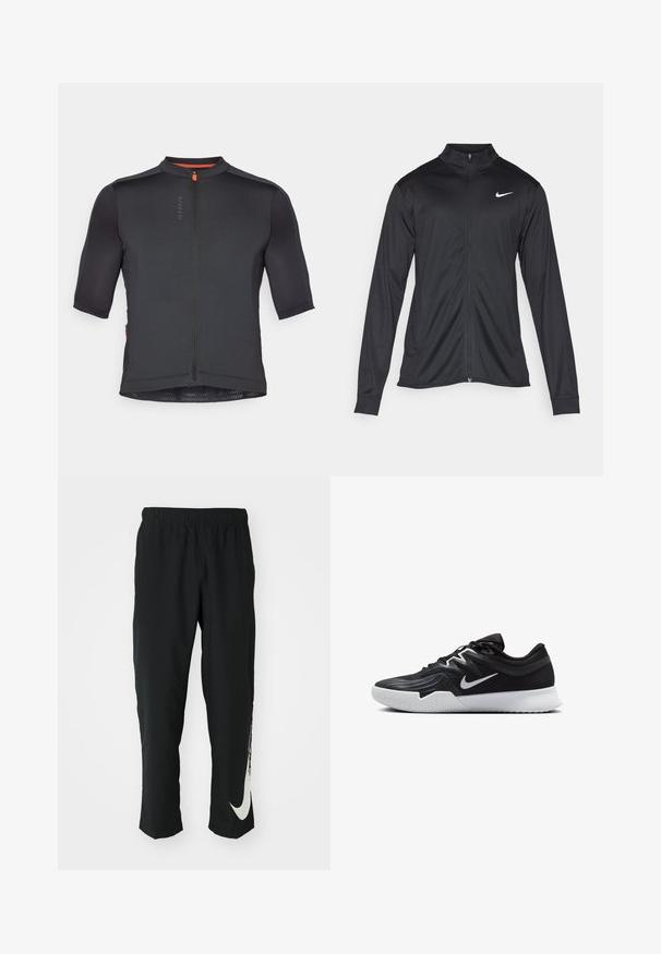 Black athletic jacket with long sleeves, collar, and full zipper. Features a subtle Nike logo in white on the upper left chest. Smooth texture.; Short-sleeve cycling jersey in black fabric with textured surface, front zipper, and orange accent at the collar. Features a fitted design.; Black athletic pants with elastic waistband, tapering design, featuring a large white Nike logo on the left leg. Soft, lightweight fabric.; Black athletic shoe with a textured upper, white Nike swoosh, and a white rubber outsole. Features a lace-up design and dynamic shape.