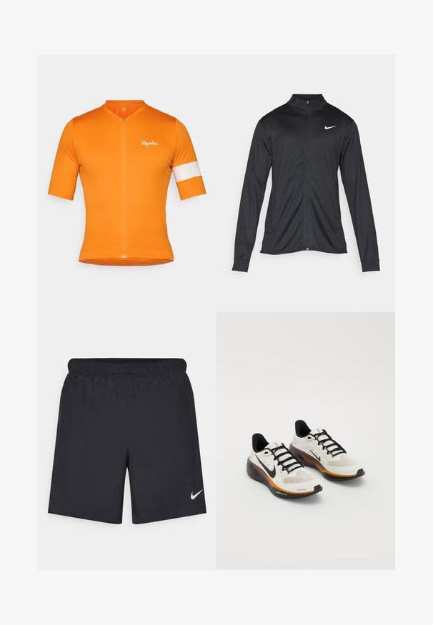 Musta urheilutakki pitkillä hihoilla, kauluksella ja kokonaisella vetoketjulla. Täydentää hienovarainen Nike-logo valkoisena vasemmassa ylärinnassa. Litteä pinta.; Lyhythihainen pyöräilypaita kirkkaan oranssista kankaasta, jossa on etuvetoketju. Vasemmassa hihassa on valkoinen raita ja hienovarainen logoyksityiskohta.; Mustat urheilushortsit, jotka on valmistettu kevyestä materiaalista ja joissa on joustava vyötärö. Alareunassa vasemmalla puolella on pieni valkoinen Nike-logo.; Nike juoksukengät, joissa on valkoinen verkkopäällinen, mustat nauhat, oranssi ja musta pohja jossa on roiskeita, sekä hengittävä muotoilu.