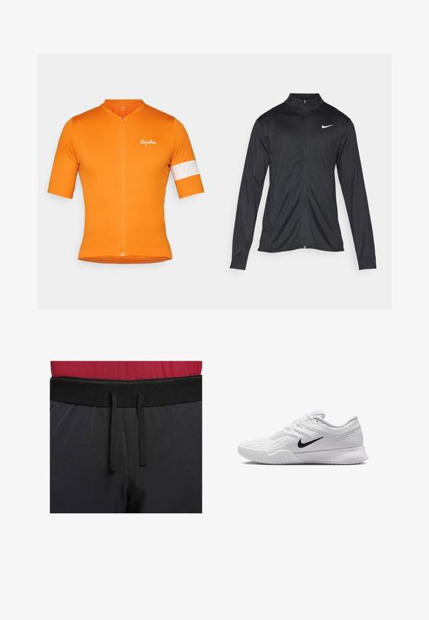 Juodas sportinis švarkas su ilgomis rankovėmis, apykakle ir pilnu užtrauktuku. Yra subtilus baltas Nike logotipas kairėje krūtinės pusėje. Lygus tekstūra.; Trumpas rankovėmis dviratininkų džersis šviesiai oranžinės spalvos audinys su priekiniais užtrauktukais, turi baltą juostą kairėje rankovėje ir subtilų logotipo detalę.; Juodi sportiniai kelnes turi platų juosmenį su išorine raišteliu. Audinys lygus, šiek tiek blizgus ir be matomų raštų.; Baltas sportinis batas su tekstūruota tinkleliu, juodu Nike swoosh logotipu, paminkštintu apvadu ir guminėmis pado detalėmis su protektoriumi.
