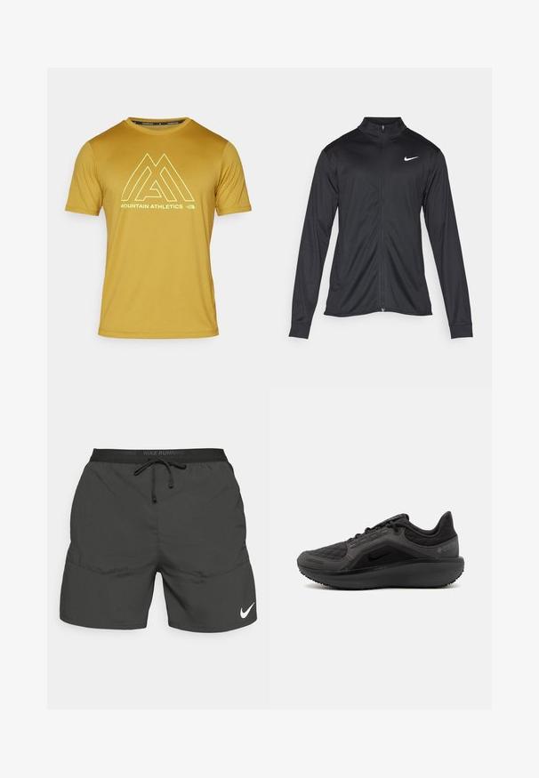 Čierna športová bunda s dlhými rukávmi, golierom a plným zipsom. Obsahuje nenápadné logo Nike v bielej farbe na hornej ľavej hrudi. Hladká textúra.; The North Face SHORT SLEEVES TEE - Športové tričko - amber green; Čierne bežecké šortky s elastickým pásom, šnúrkou na stiahnutie, bočnými vreckami a bielym logom Nike na dolnej ľavej nohe.; Čierna športová obuv s textúrovaným prešívaným zvrškom, elegantným dizajnom a čiernou gumovou podrážkou. Obsahuje viditeľné logo a značku Gore-Tex.
