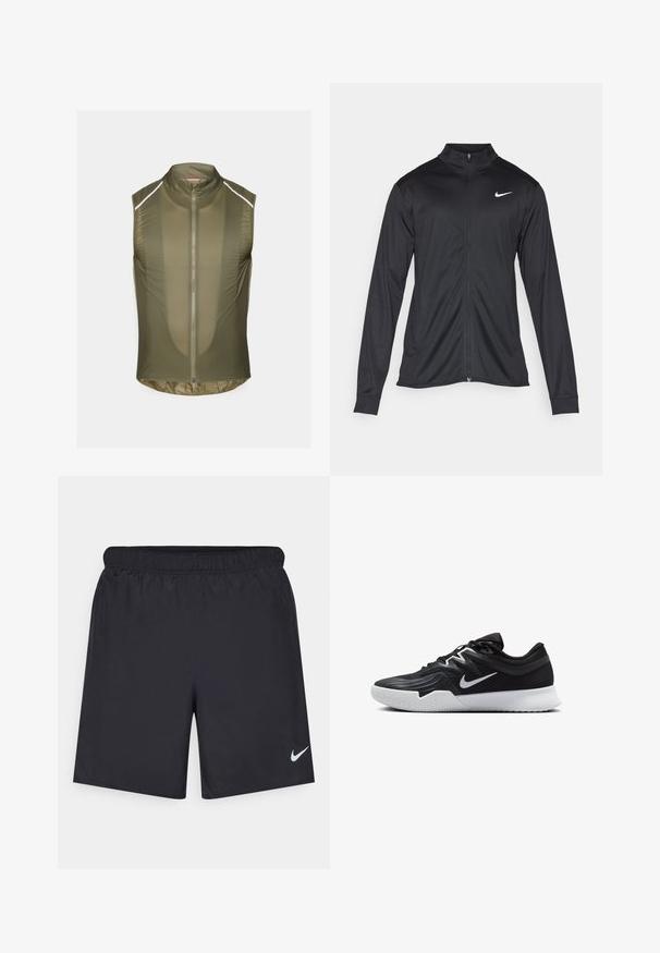 Čierna športová bunda s dlhými rukávmi, golierom a plným zipsom. Obsahuje nenápadné logo Nike v bielej farbe na hornej ľavej hrudi. Hladká textúra.; Olivovo zelená bezrukávová vesta vyrobená z ľahkej textúrovanej látky, s predným zipsom a reflexnými pruhmi pozdĺž ramien.; Čierne atletické šortky z ľahkého materiálu s elastickým pásom. Na dolnej ľavej strane majú malé biele logo Nike.; Čierna športová topánka s textúrovaným zvrškom, bielym logom Nike a bielou gumovou podrážkou. Má šnurovací dizajn a dynamický tvar.