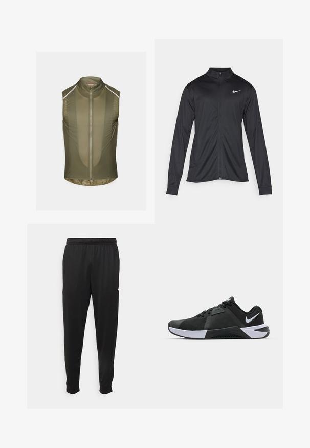 Jachetă sportivă neagră cu mâneci lungi, guler și fermoar complet. Prezintă un logo Nike subtil, alb, pe pieptul din stânga sus. Textură netedă.; Vesta fără mâneci de culoare verde măsliniu, confecționată dintr-un material ușor, texturat, având un fermoar frontal și benzi reflectorizante pe umeri.; Pantaloni sportivi negri dintr-o țesătură netedă, cu un elastic la brâu, picioare conice și un mic logo alb pe partea stângă.; Nike Performance METCON 10 - Pantofi training - black/white/anthracite