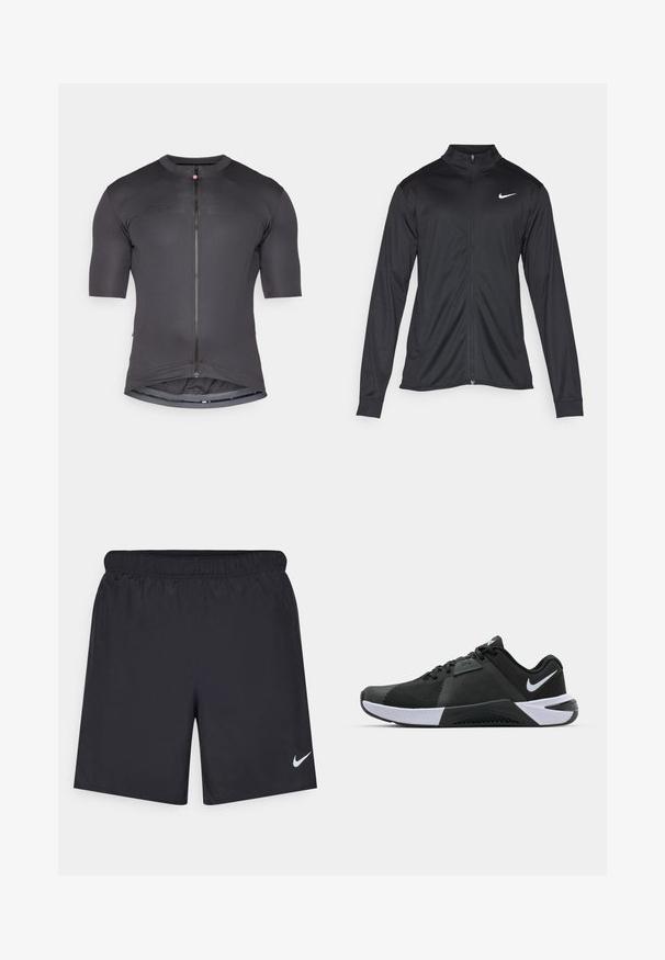Must värvi sportlik jakk pikkade varrukatega, krae ja täispikk tõmblukk. Ülemises vasakus rinnas on diskreetne valge Nike logo. Sile tekstuur.; Tumehall lühikeste varrukatega rattajersey, millel on ees lukk, peene brändimisega ja liibuv disain. Valmistatud siledast ja venivast materjalist.; Mustad mustikud lühikesed püksid, mis on valmistatud kergest materjalist ja millel on elastne vöökoht. Alumisel vasakul küljel on väike valge Nike logo.; Nike Performance METCON 10 - Treeningjalatsid - black/white/anthracite