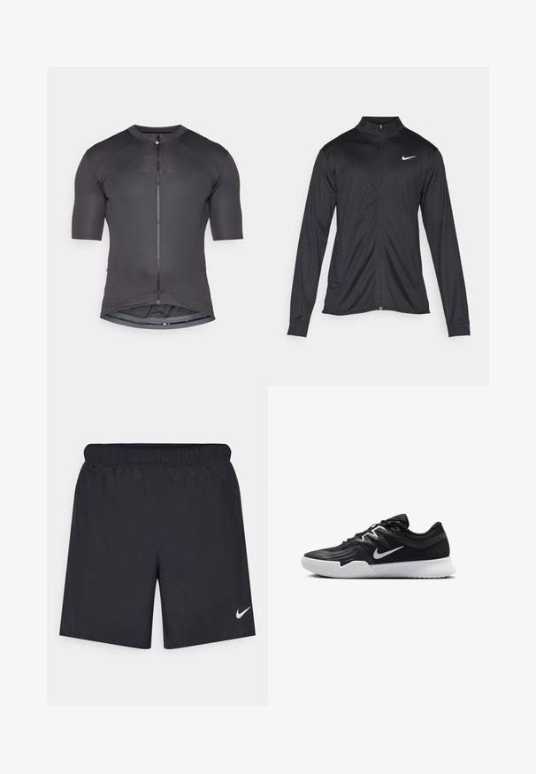 Čierna športová bunda s dlhými rukávmi, golierom a plným zipsom. Obsahuje nenápadné logo Nike v bielej farbe na hornej ľavej hrudi. Hladká textúra.; Tmavosivý cyklistický dres s krátkym rukávom a predným zipsom, s jemným brandingom a priliehavým strihom. Vyrobený z hladkého, elastického materiálu.; Čierne atletické šortky z ľahkého materiálu s elastickým pásom. Na dolnej ľavej strane majú malé biele logo Nike.; Čierna športová topánka s textúrovaným zvrškom, bielym logom Nike a bielou gumovou podrážkou. Má šnurovací dizajn a dynamický tvar.
