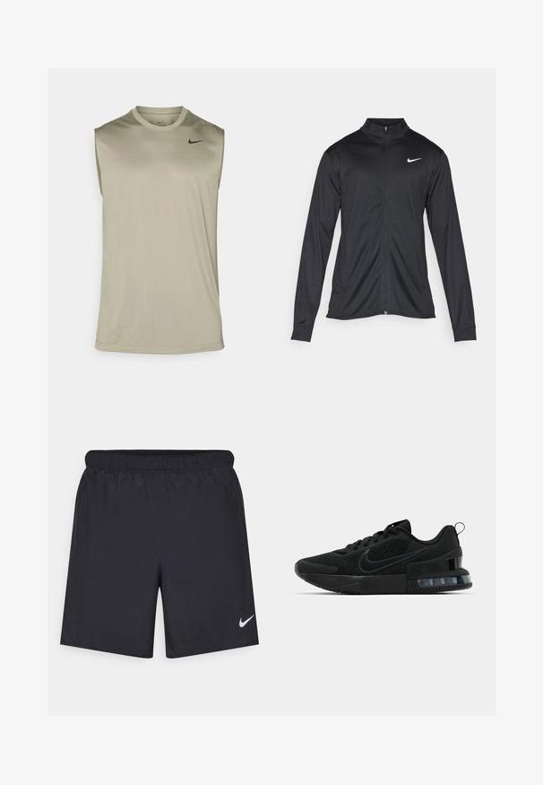 Juodas sportinis švarkas su ilgomis rankovėmis, apykakle ir pilnu užtrauktuku. Yra subtilus baltas Nike logotipas kairėje krūtinės pusėje. Lygus tekstūra.; Nike Performance TEE RESET - Viršus - light army/black; Juodos sportinės šortai, pagaminti iš lengvos medžiagos, su elastingu juosmeniu. Ant apatinės kairės pusės yra mažas baltas Nike logotipas.; Juodas Nike sportinis batas su tinklo viršumi, guminėmis padais, paminkštintu apykakle ir išskirtiniu skaidriu kulno akcentu.