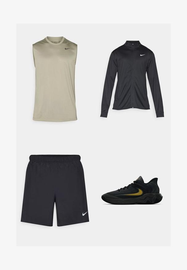 Črna atletska jakna z dolgimi rokavi, ovratnikom in polnim zadrgo. Vključuje diskreten bel Nike logotip na zgornjem levem delu prsnega koša. Gladka tekstura.; Nike Performance TEE RESET - Top - light army/black; Črne atletske kratke hlače iz lahkotnega materiala z elastičnim pasom. Imajo majhen bel Nike logo na spodnji levi strani.; Črne in temno sivo športne čevlje z črnimi vezalkami in zlatim logotipom v obliki kljukice, ki imajo valovito oblikovan podplat in oblazinjen zgornji del pete.