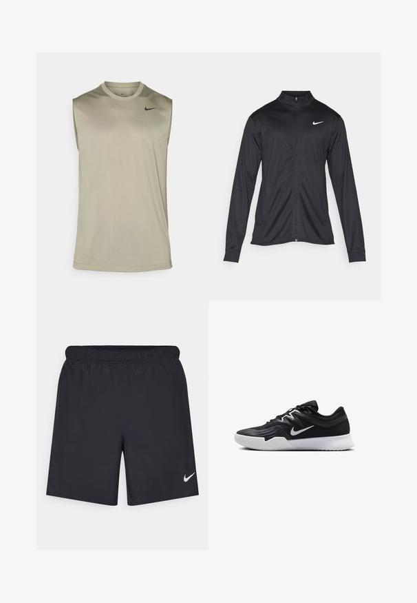 Svart idrottsjacka med långa ärmar, krage och full dragkedja. Har en diskret Nike-logga i vitt på övre vänstra bröstet. Slät yta.; Nike Performance TEE RESET - Linne - light army/black; Svarta träningsshorts gjorda av lätt material med elastisk midja. Har en liten vit Nike-logotyp på nedre vänstra sidan.; Svarta träningsskor med en texturerad ovandel, vit Nike-logga och en vit gummisula. Har snörningsdesign och en dynamisk form.