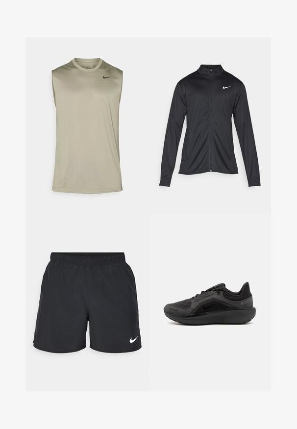 Giacca sportiva nera con maniche lunghe, colletto e zip completa. Presenta un logo Nike in bianco sulla parte superiore del lato sinistro del petto. Tessuto morbido.; Nike Performance TEE RESET - Top - light army/black; Pantaloni sportivi neri realizzati in tessuto leggero, con cintura elastica e logo Nike bianco sul lato sinistro in basso.; Scarpa sportiva nera con tomaia trapuntata testurizzata, design elegante e suola in gomma nera. Presenta un logo visibile e il marchio Gore-Tex.