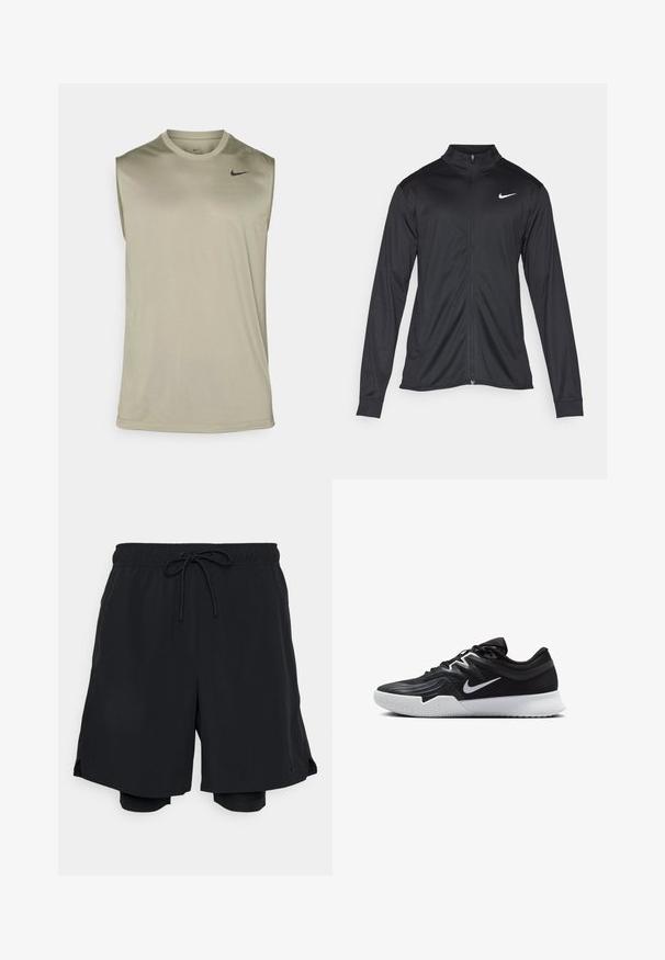 Schwarze Sportjacke mit langen Ärmeln, Kragen und voller Reißverschluss. Verfügt über ein dezentes Nike-Logo in Weiß auf der oberen linken Brust. Glatte Textur.; Nike Performance TEE RESET - Top - light army/black; Schwarze Sportshorts aus leichtem Material, mit elastischem Bund und Kordelzug sowie einer enganliegenden Innenshorts.; Schwarzer Sportschuh mit strukturiertem Obermaterial, weißem Nike-Warenzeichen und einer weißen Gummisohle. Verfügt über ein Schnürdesign und eine dynamische Form.