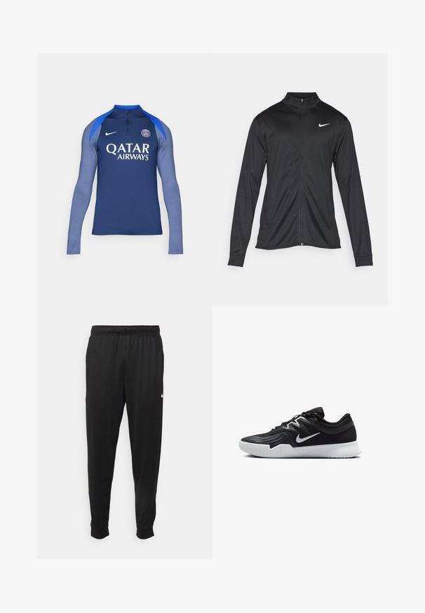 Chaqueta atlética negra con mangas largas, collar y cremallera completa. Presenta un sutil logo de Nike en blanco en la parte superior izquierda del pecho. Textura suave.; Camiseta deportiva de manga larga en azul oscuro y azul claro, fabricada en tejido sintético. Presenta un medio zip y un logo con "Qatar Airways" en blanco.; Pantalones deportivos negros de tejido suave, con cintura elástica, perneras ajustadas y un pequeño logotipo blanco en el lado izquierdo.; Zapatilla deportiva negra con parte superior texturizada, logo de Nike en blanco y suela de goma blanca. Tiene un diseño con cordones y una forma dinámica.
