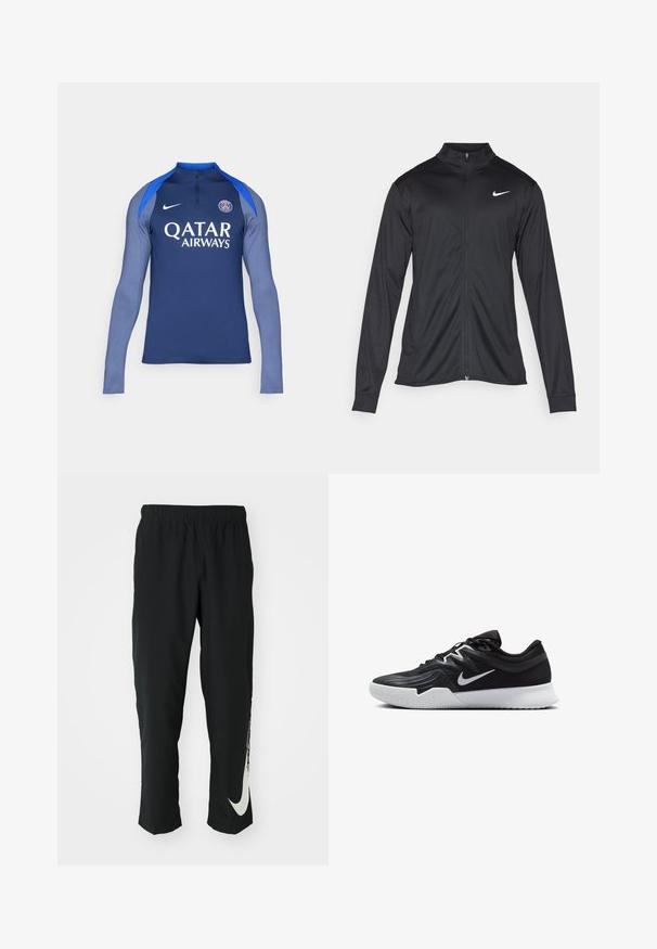 Must värvi sportlik jakk pikkade varrukatega, krae ja täispikk tõmblukk. Ülemises vasakus rinnas on diskreetne valge Nike logo. Sile tekstuur.; Tume sinise ja helesinise sportsikate, valmistatud sünteetilisest kangast. Omab pool-zaamiga varrukat ja valget logo, millel on "Qatar Airways".; Mustad mustad sportlikud püksid elastse vöökohtadega, kitseneva disainiga, millel on vasakul jalal suur valge Nike logo. Pehme, kerge kangas.; Must mustad jalanikesad rikaste ülaservaga, valge Nike swoosh'i ja valge kummist välispõhjaga. Omab paeltega sulgemisdetaili ja dünaamilist kuju.