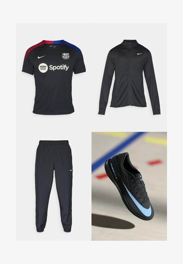 Svart idrottsjacka med långa ärmar, krage och full dragkedja. Har en diskret Nike-logga i vitt på övre vänstra bröstet. Slät yta.; Svart Nike fotbollströja med röda och blå axelkuddar, rund halsringning och Spotify-logotypen centrerad på framsidan.; Svarta träningbyxor i lätt tyg med elastisk midja, vristmanchetter och en diskret Nike-logotyp på vänster sida.; Svarta atletiska skor med blåa accenter, strukturerad yta, snörningsdesign och distinkt Nike-logotyp. Gummisula med greppmönster.
