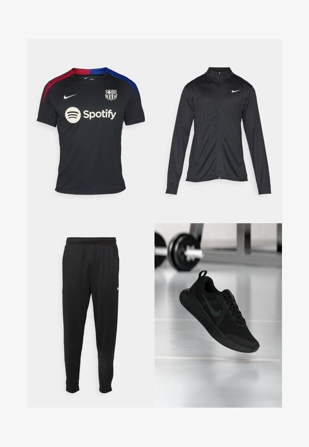 Black athletic jacket with long sleeves, collar, and full zipper. Features a subtle Nike logo in white on the upper left chest. Smooth texture.; Black Nike football jersey featuring red and blue shoulder accents, a round neckline, and the Spotify logo centered on the front.; Black athletic pants made of smooth fabric, featuring an elastic waistband, tapered legs, and a small white logo on the left side.; Black athletic shoe with a textured mesh upper, rubber sole, and a prominent dark swoosh logo. Features a padded collar and lace-up design.