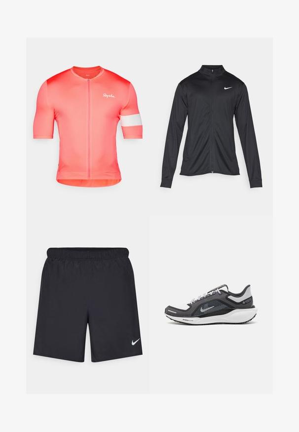 Svart idrettsjakke med lange ermer, krage og full glidelås. Har en subtil Nike-logo i hvitt på øvre venstre bryst. Glatt tekstur.; Kortermet sykkeltrøye i gradient korallstoff, med glidelås foran og hvit detaljert stripe på overarmen, merket med "Rapha."; Svart sportskjørt laget av lett materiale med elastisk linning. Har en liten hvit Nike-logo nederst til venstre.; Svart og grå atletisk sko med mesh-overdel, refleksdetaljer og hvit mellomsåle. Har strukturert gummisåle og lisser.