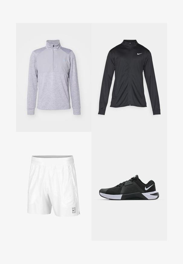 Melna sporta jaka ar garām piedurknēm, apkakli un pilnu rāvējslēdzēju. Uz kreisā krūts augšdaļas ir maigs Nike logo baltā krāsā. Gluda tekstūra.; Pelēks džemperis ar pusi zipa apkakli, ar rakstainu ķermeni un gludām augšējām paneļiem. Garas piedurknes ar ribotām aprocēm un logo detaļa.; Baltie sporta šorti, kas izgatavoti no viegla auduma, ar elastīgu jostasvītru, divām sānu kabatām un mazu melnu logo pie apakšmalas.; Nike Performance METCON 10 - Treniņkurpes - black/white/anthracite