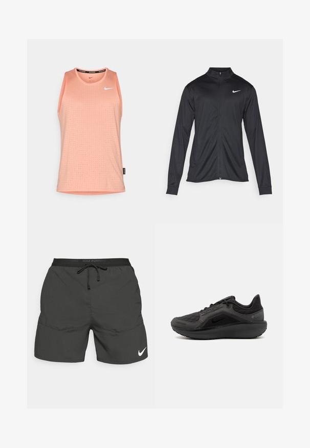 Chaqueta atlética negra con mangas largas, collar y cremallera completa. Presenta un sutil logo de Nike en blanco en la parte superior izquierda del pecho. Textura suave.; Top de tirantes melocotón hecho de un tejido ligero, con un escote redondo, patrón texturizado y acento de logotipo en blanco en el pecho.; Pantalones cortos de correr negros con cinturilla elástica, cordón, bolsillos laterales y un logotipo de Nike en blanco en la parte inferior de la pierna izquierda.; Zapatilla deportiva negra con una parte superior acolchada texturizada, diseño elegante y suela de goma negra. Presenta un logo visible y la marca Gore-Tex.