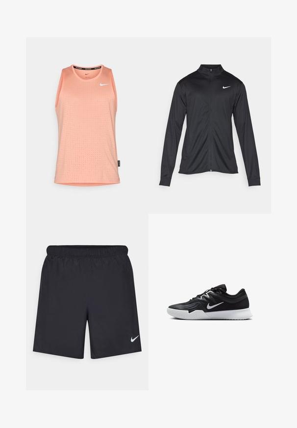 Svart idrettsjakke med lange ermer, krage og full glidelås. Har en subtil Nike-logo i hvitt på øvre venstre bryst. Glatt tekstur.; Peach tank top laget av lett stoff, med rund hals, teksturert mønster og hvit logo aksent på brystet.; Svart sportskjørt laget av lett materiale med elastisk linning. Har en liten hvit Nike-logo nederst til venstre.; Svart treningssko med teksturert overdel, hvit Nike-swoosh og hvit gummisåle. Har snøring og en dynamisk form.