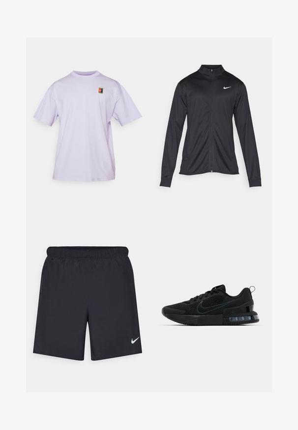 Fekete sportdzseki hosszú ujjal, gallérral és teljes cipzárral. Diszkrét fehér Nike logóval az upper bal mellen. Sima textúra.; Nike Performance NIKECOURT TEE - Basic póló - hydrangeas; Fekete sportnadrág könnyű anyagból, rugalmas derékkal. A bal alsó oldalon egy kis fehér Nike-logó található.; Fekete Nike sportcipő, hálós felsőrésszel, gumitalppal, párnázott nyakkal és jellegzetes átlátszó sarokbetéttel.