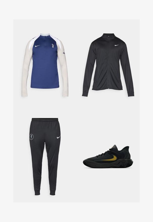 Černá sportovní bunda s dlouhými rukávy, límcem a plným zipem. Má decentní bílou logo značky Nike na horní levé části hrudi. Hladká textura.; Nike tréninkové tričko s dlouhým rukávem, které má tmavě modrou základní barvu, světle béžové rukávy, límec na půl zip a logo Spurs na hrudi.; Černé Nike tepláky se zúženými nohavicemi, elastickým pasem a žebrovanými manžetami. Na levém stehně je logo Chelsea FC.; Černá a tmavě šedá sportovní obuv s černými tkaničkami a zlatým logem ve tvaru síťoviny, s vlnitým designem podrážky a polstrovaným límcem kolem paty.