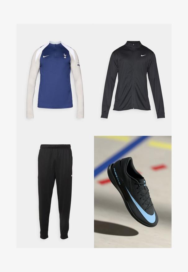 Jachetă sportivă neagră cu mâneci lungi, guler și fermoar complet. Prezintă un logo Nike subtil, alb, pe pieptul din stânga sus. Textură netedă.; Tricou de antrenament cu mânecă lungă Nike, având un corp albastru marin, mâneci bej deschis, guler cu fermoar pe jumătate și logo-ul Spurs pe piept.; Pantaloni sportivi negri dintr-o țesătură netedă, cu un elastic la brâu, picioare conice și un mic logo alb pe partea stângă.; Pantof de sport negru cu accente albastre, suprafață texturată, design cu șireturi și logo-ul distinctiv Nike. Talpă din cauciuc cu modele de aderență.