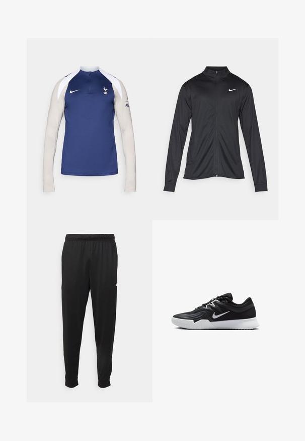 Black athletic jacket with long sleeves, collar, and full zipper. Features a subtle Nike logo in white on the upper left chest. Smooth texture.; Nike long-sleeve training top featuring a navy blue body, light beige sleeves, half-zip collar, and Spurs logo on the chest.; Black athletic pants made of smooth fabric, featuring an elastic waistband, tapered legs, and a small white logo on the left side.; Black athletic shoe with a textured upper, white Nike swoosh, and a white rubber outsole. Features a lace-up design and dynamic shape.