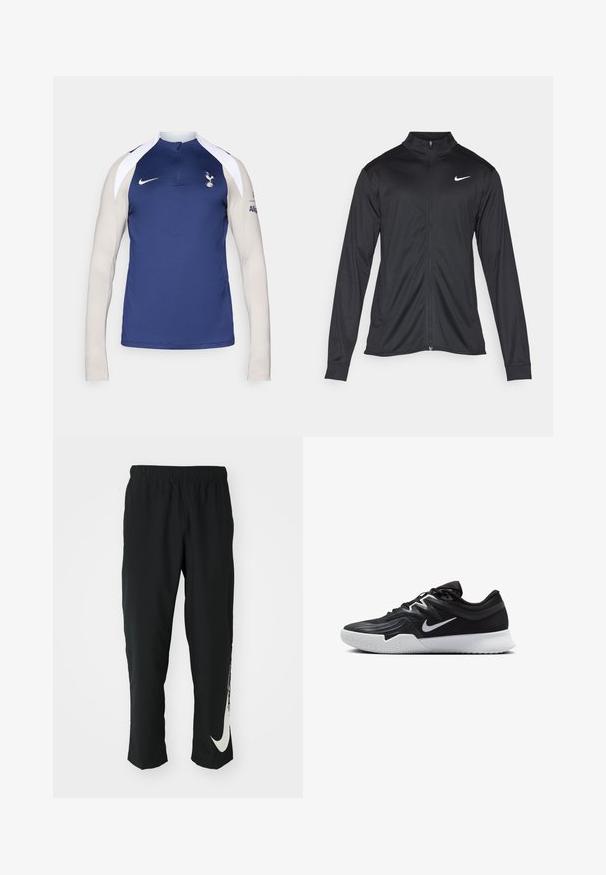 Black athletic jacket with long sleeves, collar, and full zipper. Features a subtle Nike logo in white on the upper left chest. Smooth texture.; Nike long-sleeve training top featuring a navy blue body, light beige sleeves, half-zip collar, and Spurs logo on the chest.; Black athletic pants with elastic waistband, tapering design, featuring a large white Nike logo on the left leg. Soft, lightweight fabric.; Black athletic shoe with a textured upper, white Nike swoosh, and a white rubber outsole. Features a lace-up design and dynamic shape.