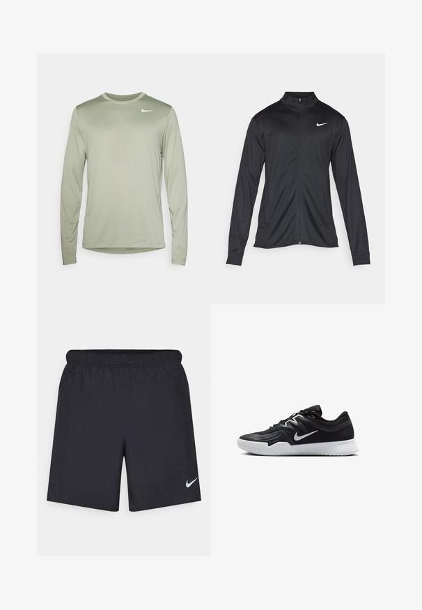 Čierna športová bunda s dlhými rukávmi, golierom a plným zipsom. Obsahuje nenápadné logo Nike v bielej farbe na hornej ľavej hrudi. Hladká textúra.; Nike Performance TEE RESET - Top s dlhým rukávom - jade horizon/white; Čierne atletické šortky z ľahkého materiálu s elastickým pásom. Na dolnej ľavej strane majú malé biele logo Nike.; Čierna športová topánka s textúrovaným zvrškom, bielym logom Nike a bielou gumovou podrážkou. Má šnurovací dizajn a dynamický tvar.