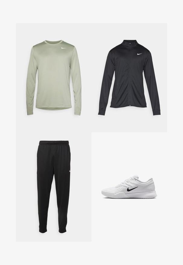 Zwarte sportjack met lange mouwen, kraag en volle rits. Voorzien van een subtiele Nike-logo in het wit op de bovenste linkerborst. Soepele textuur.; Nike Performance TEE RESET - Longsleeve - jade horizon/white; Zwarte sportbroek gemaakt van gladde stof, met een elastische tailleband, taps toelopende pijpen en een klein wit logo aan de linkerzijde.; Witte sportieve schoen met textuur in het mesh bovenwerk, zwarte Nike swoosh, gevoerde kraag en rubberen zool met een profielpatroon.