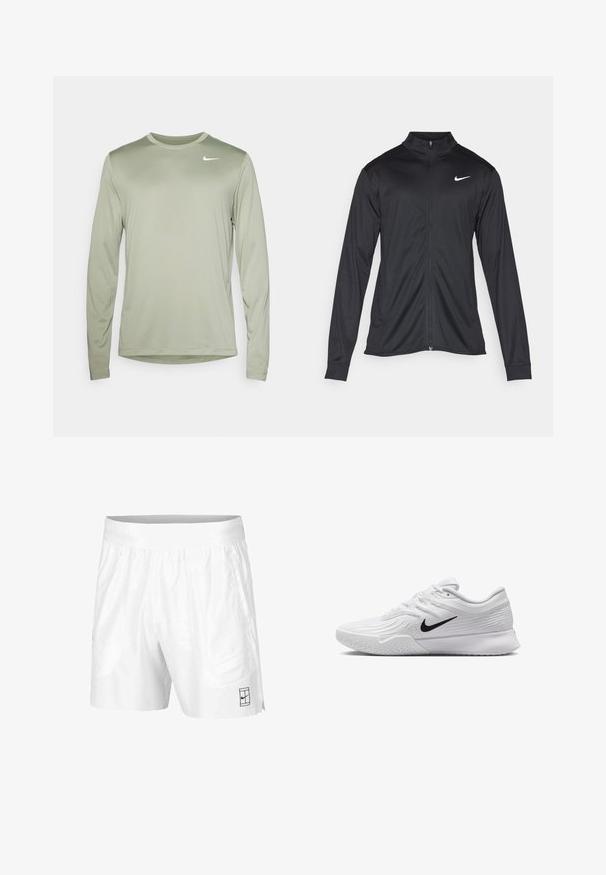 Svart idrettsjakke med lange ermer, krage og full glidelås. Har en subtil Nike-logo i hvitt på øvre venstre bryst. Glatt tekstur.; Nike Performance TEE RESET - Topper langermet - jade horizon/white; Hvite sportsshorts laget av lettvektstoff med elastisk midjebånd, med to sidelommer og en liten svart logo på kanten.; Hvit atletisk sko med teksturert mesh-overdel, svart Nike-svush, polstret krage og gummisåle med mønster.