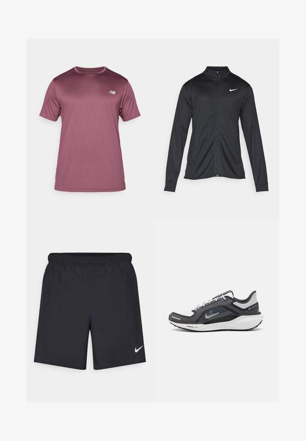 Crna sportska jakna s dugim rukavima, ovratnikom i punim patentnim zatvaračem. Ima suptilan Nike logo u bijeloj boji na gornjem lijevom dijelu prsne oznake. Glatka tekstura.; New Balance Sportska majica - faded plum; Crne atletske kratke hlače od laganog materijala s elastičnom tačkom. Imaju mali bijeli Nike logo na donjoj lijevoj strani.; Crne i sive atletske cipele s mrežastim gornjim dijelom, reflektirajućim detaljima i bijelim među-djelom. Imaju strukturiranu gumenu potplate i vezice.
