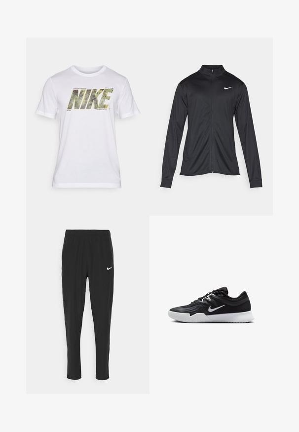 Chaqueta atlética negra con mangas largas, collar y cremallera completa. Presenta un sutil logo de Nike en blanco en la parte superior izquierda del pecho. Textura suave.; Nike Performance TEE CAMO - Camiseta deportiva - white; Pantalones deportivos negros hechos de una tela liviana, con una cintura elástica y un logo de Nike en blanco en el muslo izquierdo.; Zapatilla deportiva negra con parte superior texturizada, logo de Nike en blanco y suela de goma blanca. Tiene un diseño con cordones y una forma dinámica.