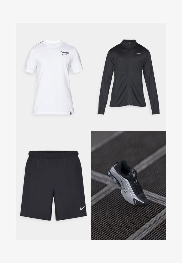 Črna atletska jakna z dolgimi rokavi, ovratnikom in polnim zadrgo. Vključuje diskreten bel Nike logotip na zgornjem levem delu prsnega koša. Gladka tekstura.; Bela bomba majica s kratkimi rokavi, ki ima na prsih napis "PARIS" in Nike logo v mornarsko modri barvi. Rdeči dodatki na ramenih.; Črne atletske kratke hlače iz lahkotnega materiala z elastičnim pasom. Imajo majhen bel Nike logo na spodnji levi strani.; Nike atletski čevljih z črno-srebrnim dizajnom. Narejeni so iz sintetičnih materialov z mrežnimi akcenti in podporno podplat z vidno zračnostjo.
