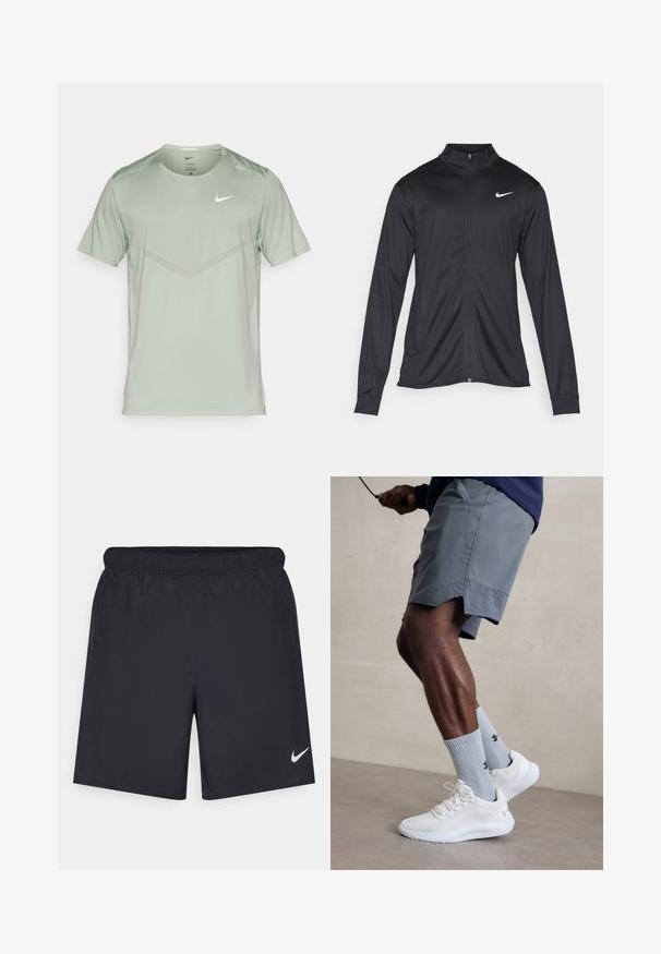 Jacket desportivo preto com mangas longas, colarinho e fecho zip completo. Apresenta um discreto logotipo da Nike em branco na parte superior do lado esquerdo do peito. Textura suave.; Nike Performance RISE - T-shirt desportiva - jade horizon/reflective silver; Calças de desporto pretas feitas de material leve com uma cintura elástica. Apresenta um pequeno logótipo branco da Nike no canto inferior esquerdo.; Ténis desportivos brancos com parte superior em malha texturizada, acompanhados por meias caneleadas azul claro com um logótipo. Calções desportivos cinza com acabamento perfurado.