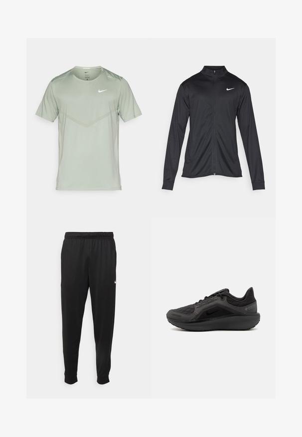 Must värvi sportlik jakk pikkade varrukatega, krae ja täispikk tõmblukk. Ülemises vasakus rinnas on diskreetne valge Nike logo. Sile tekstuur.; Nike Performance RISE - Spordi T-särk - jade horizon/reflective silver; Mustad mustekad athletic-püksid sujuvast kangast, elastse vöökoha, kitsenevate jalgade ja väikese valge logoga vasakul küljel.; Must have mustandusega mustad sportlikud jalanõud, millel on tekstuurne tikandiga ülemine osa, nutikas disain ja must kummist tallad. Omab nähtavat logo ning Gore-Tex brändingut.