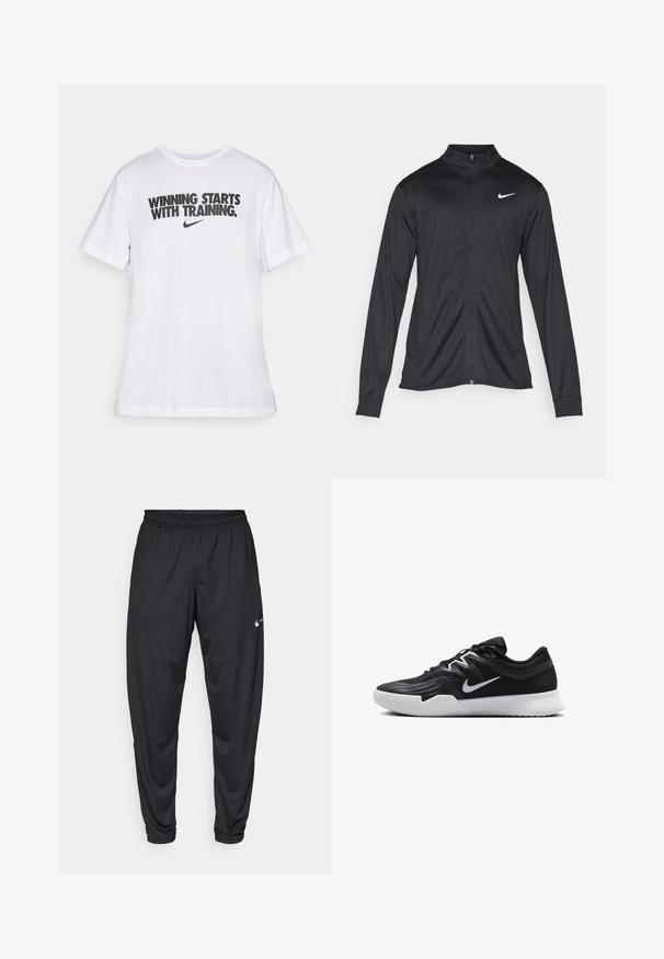 Jacket desportivo preto com mangas longas, colarinho e fecho zip completo. Apresenta um discreto logotipo da Nike em branco na parte superior do lado esquerdo do peito. Textura suave.; Camisa de algodão branca com o texto preto "VENCER COMEÇA COM TREINO." e um pequeno logotipo da Nike em baixo. Gola redonda e mangas curtas.; Calças de atletismo pretas com um cós elástico, pernas afuniladas e um pequeno logo branco da Nike na coxa esquerda. Tecido liso, sem padrões.; Sapatilha atlética preta com um cabedal texturizado, swoosh branco da Nike e uma sola de borracha branca. Apresenta um design com atacadores e uma forma dinâmica.