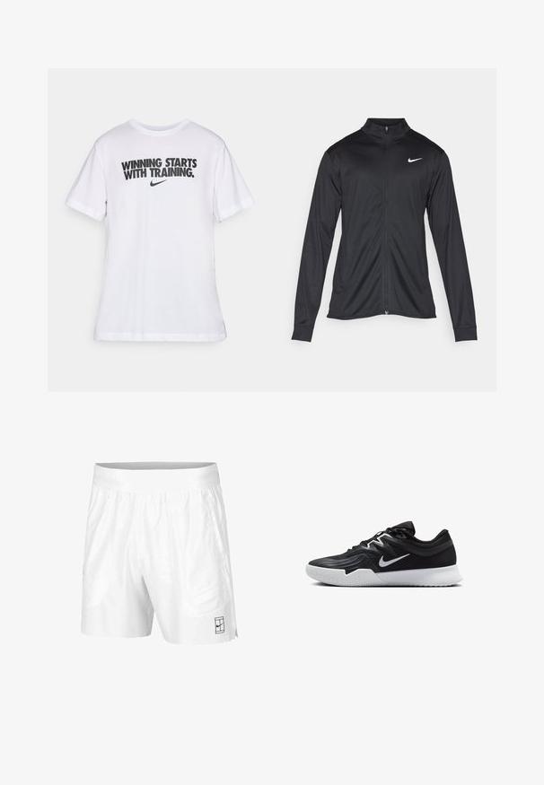 Fekete sportdzseki hosszú ujjal, gallérral és teljes cipzárral. Diszkrét fehér Nike logóval az upper bal mellen. Sima textúra.; Fehér pamut póló, fekete szöveggel: "A GYŐZELEM A KÉPZÉSBEN KEZDŐDIK." és egy kis Nike logó alatta. Kerek nyakú és rövid ujjú.; Fehér atlétikai rövidnadrág, könnyű anyagból, rugalmas derékkal, két oldalsó zsebbel és egy kis fekete logóval az alján.; Fekete sportcipő texturált felsőrésszel, fehér Nike logóval és fehér gumitalppal. Fűzős kialakítással és dinamikus formával rendelkezik.