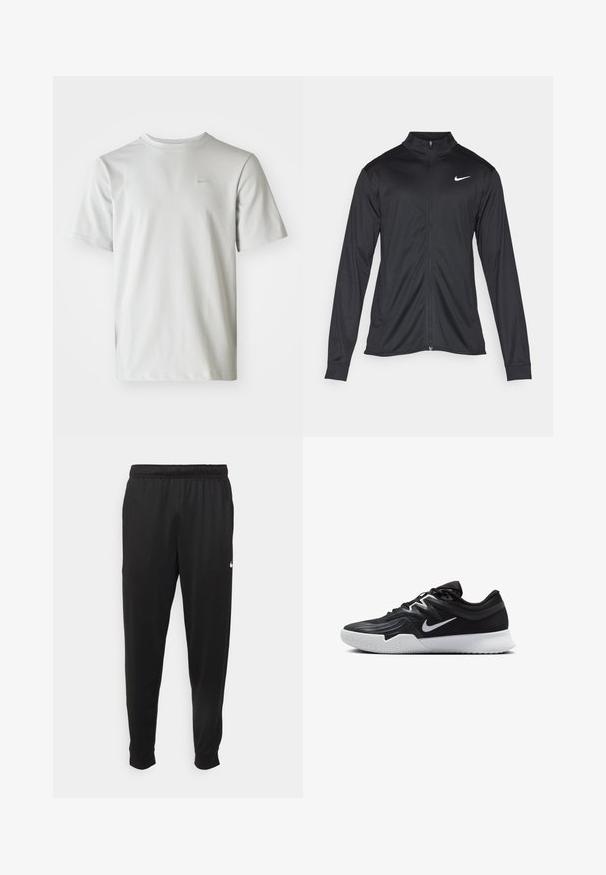 Musta urheilutakki pitkillä hihoilla, kauluksella ja kokonaisella vetoketjulla. Täydentää hienovarainen Nike-logo valkoisena vasemmassa ylärinnassa. Litteä pinta.; Vaaleanharmaa lyhythihainen T-paita, jossa on tekstuuriin kudottu ribbikuvio ja pieni logo rinnassa. Pyöreä pääntie, rento istuvuus.; Mustat urheiluhousut, jotka on valmistettu sileästä kankaasta. Niissä on joustava vyötärö, kapenevat lahkeet ja pieni valkoinen logo vasemmalla puolella.; Musta urheilukenkä, jossa on teksturoitu päällinen, valkoinen Nike-tikkaus ja valkoinen kumipohja. Kenkässä on nauhakuji ja dynaaminen muoto.