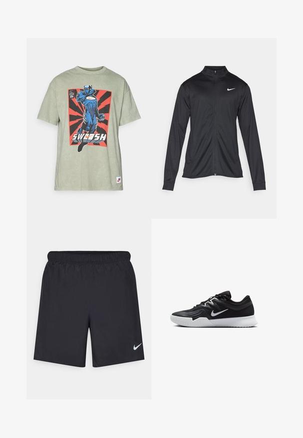 Must värvi sportlik jakk pikkade varrukatega, krae ja täispikk tõmblukk. Ülemises vasakus rinnas on diskreetne valge Nike logo. Sile tekstuur.; Roheline puuvillane T-särk, millel on sinine superkangelase graafika ja "SWOOSH" tekst punasel ja mustal plahvatuse taustal. Ribatud ümberkaelus.; Mustad mustikud lühikesed püksid, mis on valmistatud kergest materjalist ja millel on elastne vöökoht. Alumisel vasakul küljel on väike valge Nike logo.; Must mustad jalanikesad rikaste ülaservaga, valge Nike swoosh'i ja valge kummist välispõhjaga. Omab paeltega sulgemisdetaili ja dünaamilist kuju.